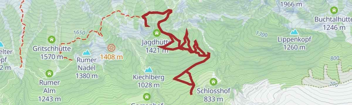 Route map: Auf einen kleinen Aussichtsgipfel neben der Thaurer Alm: Thaurer Rosskopf